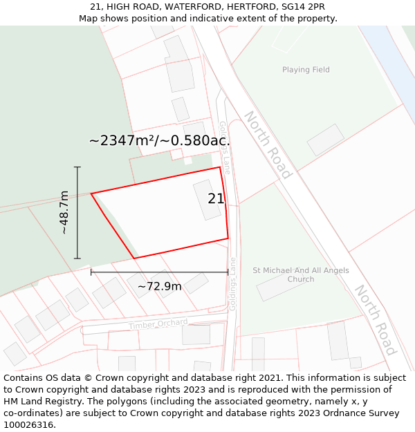 21, HIGH ROAD, WATERFORD, HERTFORD, SG14 2PR: Plot and title map