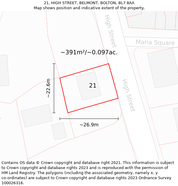 21, HIGH STREET, BELMONT, BOLTON, BL7 8AA: Plot and title map