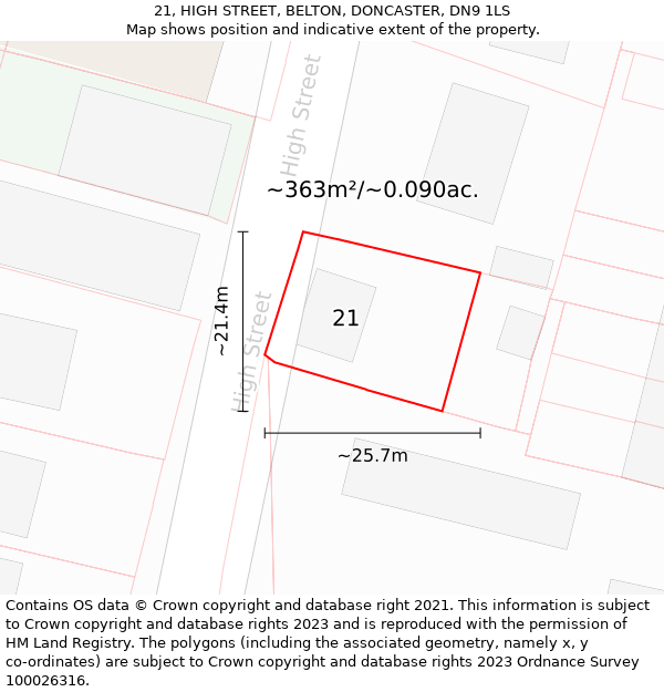 21, HIGH STREET, BELTON, DONCASTER, DN9 1LS: Plot and title map