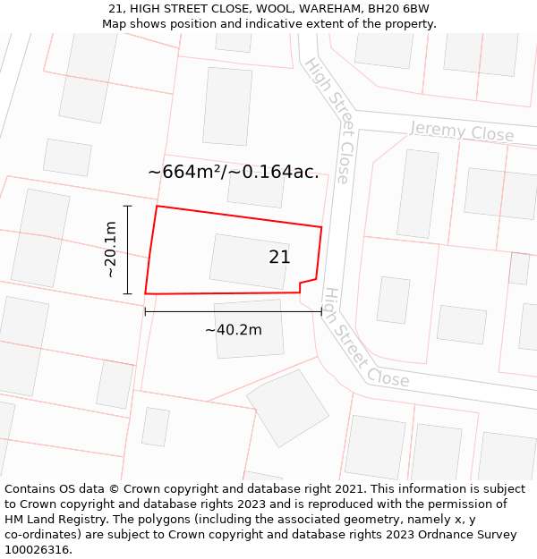 21, HIGH STREET CLOSE, WOOL, WAREHAM, BH20 6BW: Plot and title map