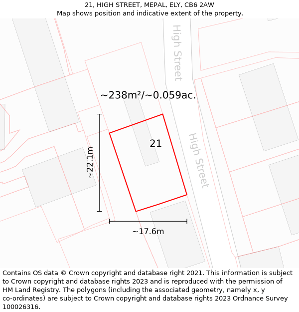 21, HIGH STREET, MEPAL, ELY, CB6 2AW: Plot and title map