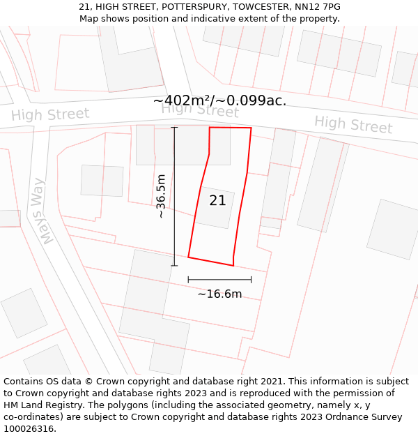 21, HIGH STREET, POTTERSPURY, TOWCESTER, NN12 7PG: Plot and title map