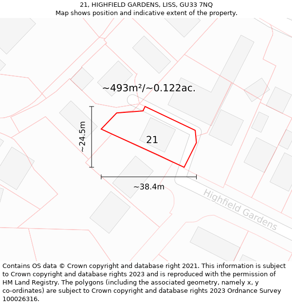 21, HIGHFIELD GARDENS, LISS, GU33 7NQ: Plot and title map