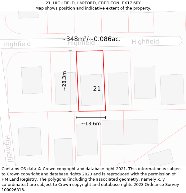 21, HIGHFIELD, LAPFORD, CREDITON, EX17 6PY: Plot and title map