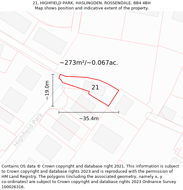 21, HIGHFIELD PARK, HASLINGDEN, ROSSENDALE, BB4 4BH: Plot and title map