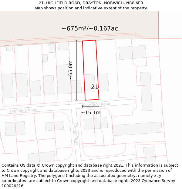 21, HIGHFIELD ROAD, DRAYTON, NORWICH, NR8 6ER: Plot and title map