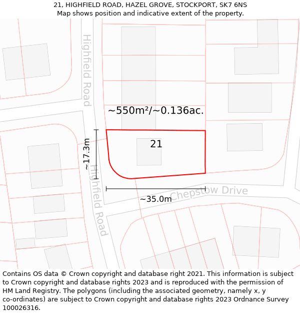 21, HIGHFIELD ROAD, HAZEL GROVE, STOCKPORT, SK7 6NS: Plot and title map