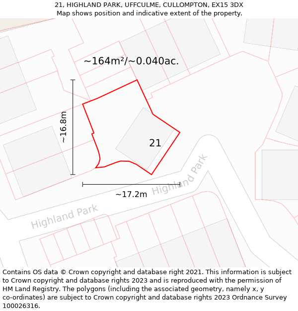 21, HIGHLAND PARK, UFFCULME, CULLOMPTON, EX15 3DX: Plot and title map