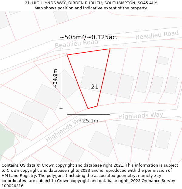 21, HIGHLANDS WAY, DIBDEN PURLIEU, SOUTHAMPTON, SO45 4HY: Plot and title map