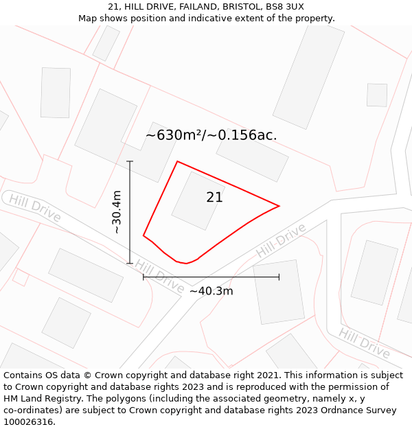 21, HILL DRIVE, FAILAND, BRISTOL, BS8 3UX: Plot and title map