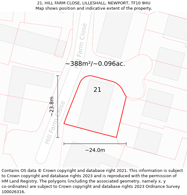 21, HILL FARM CLOSE, LILLESHALL, NEWPORT, TF10 9HU: Plot and title map
