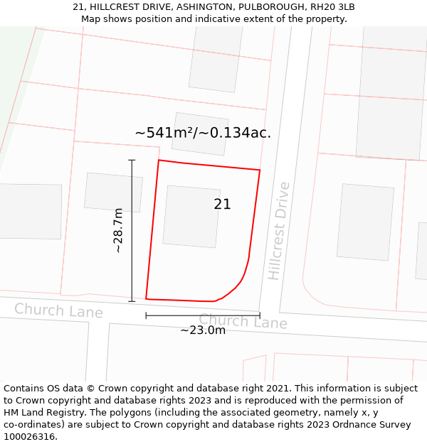 21, HILLCREST DRIVE, ASHINGTON, PULBOROUGH, RH20 3LB: Plot and title map