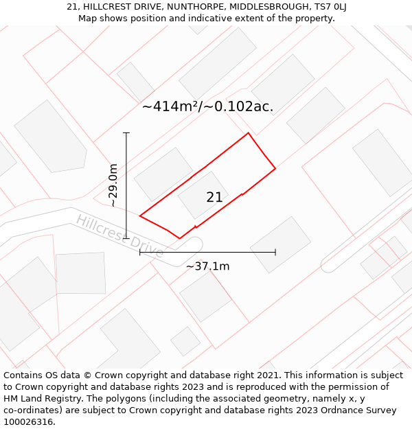 21, HILLCREST DRIVE, NUNTHORPE, MIDDLESBROUGH, TS7 0LJ: Plot and title map