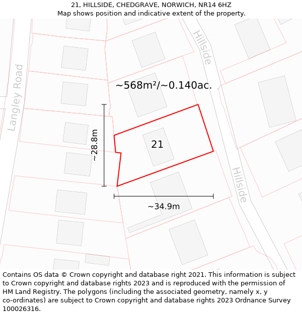 21, HILLSIDE, CHEDGRAVE, NORWICH, NR14 6HZ: Plot and title map