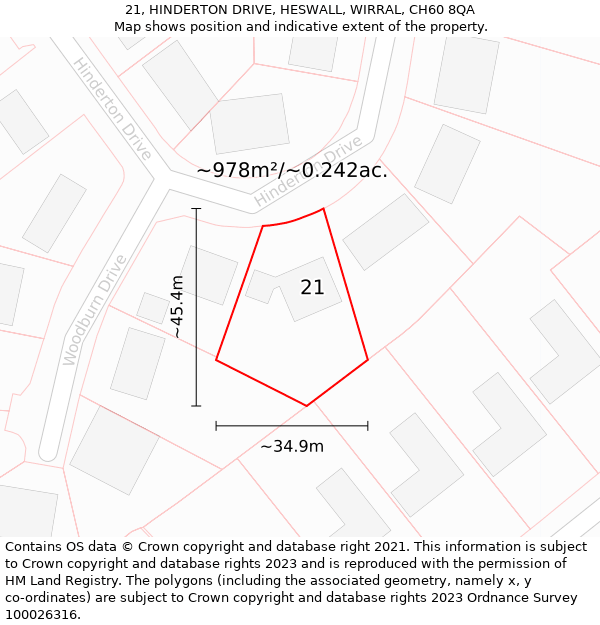 21, HINDERTON DRIVE, HESWALL, WIRRAL, CH60 8QA: Plot and title map