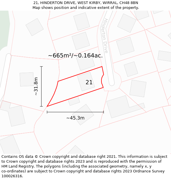 21, HINDERTON DRIVE, WEST KIRBY, WIRRAL, CH48 8BN: Plot and title map