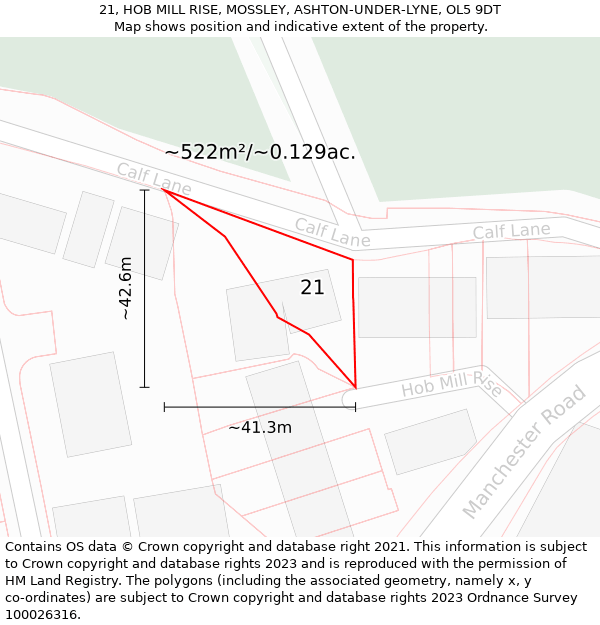 21, HOB MILL RISE, MOSSLEY, ASHTON-UNDER-LYNE, OL5 9DT: Plot and title map