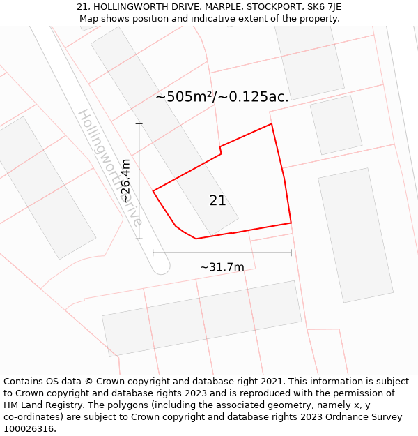 21, HOLLINGWORTH DRIVE, MARPLE, STOCKPORT, SK6 7JE: Plot and title map