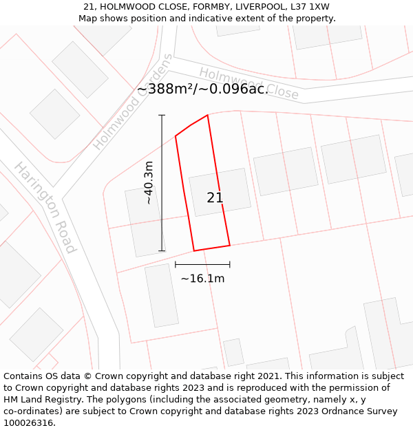 21, HOLMWOOD CLOSE, FORMBY, LIVERPOOL, L37 1XW: Plot and title map