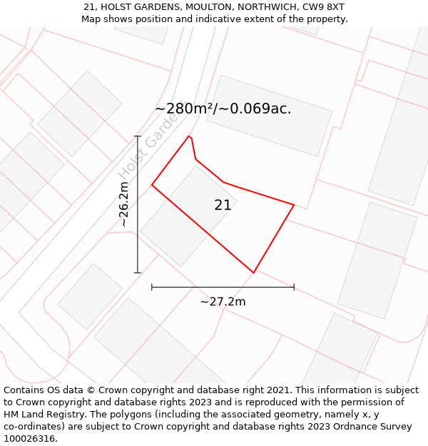21, HOLST GARDENS, MOULTON, NORTHWICH, CW9 8XT: Plot and title map