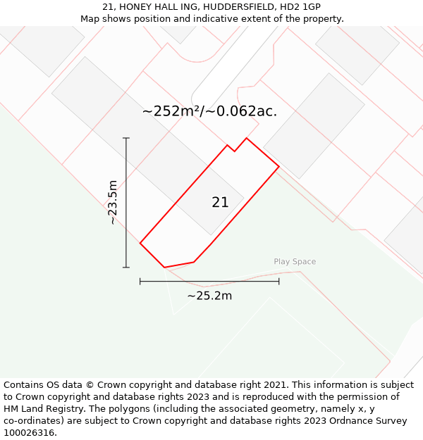 21, HONEY HALL ING, HUDDERSFIELD, HD2 1GP: Plot and title map