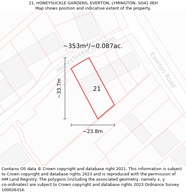 21, HONEYSUCKLE GARDENS, EVERTON, LYMINGTON, SO41 0EH: Plot and title map