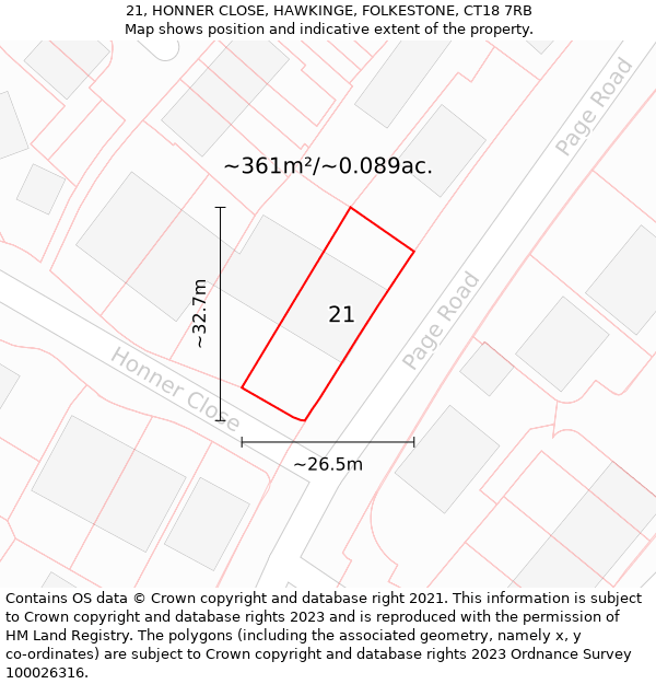 21, HONNER CLOSE, HAWKINGE, FOLKESTONE, CT18 7RB: Plot and title map