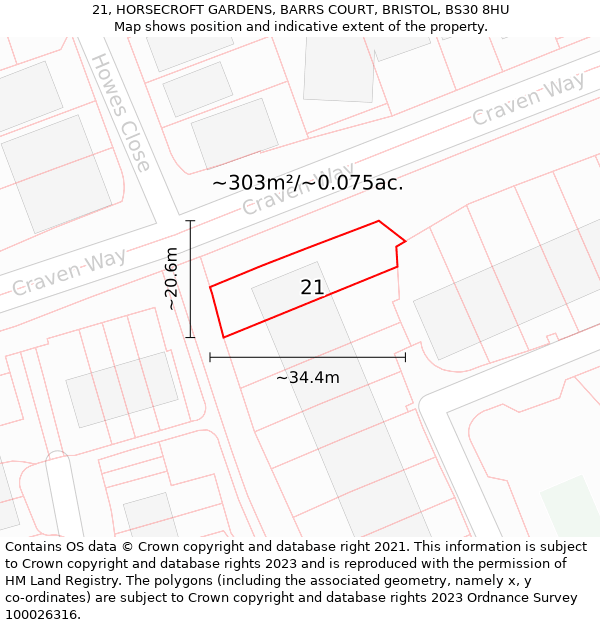 21, HORSECROFT GARDENS, BARRS COURT, BRISTOL, BS30 8HU: Plot and title map