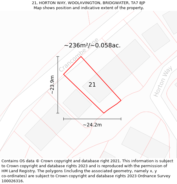 21, HORTON WAY, WOOLAVINGTON, BRIDGWATER, TA7 8JP: Plot and title map