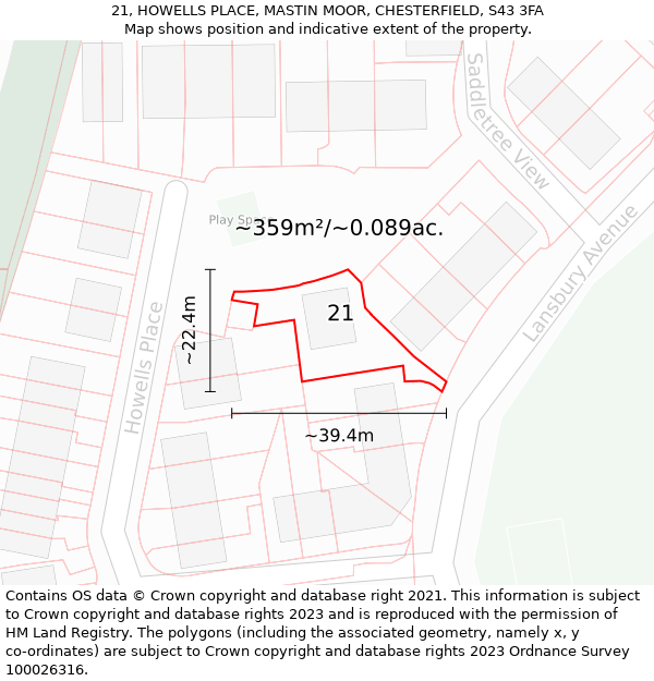 21, HOWELLS PLACE, MASTIN MOOR, CHESTERFIELD, S43 3FA: Plot and title map