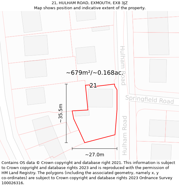 21, HULHAM ROAD, EXMOUTH, EX8 3JZ: Plot and title map