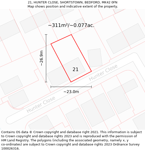 21, HUNTER CLOSE, SHORTSTOWN, BEDFORD, MK42 0FN: Plot and title map