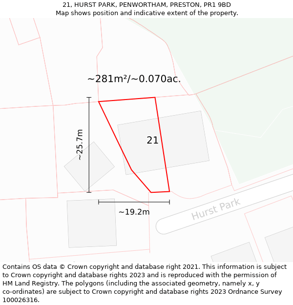 21, HURST PARK, PENWORTHAM, PRESTON, PR1 9BD: Plot and title map