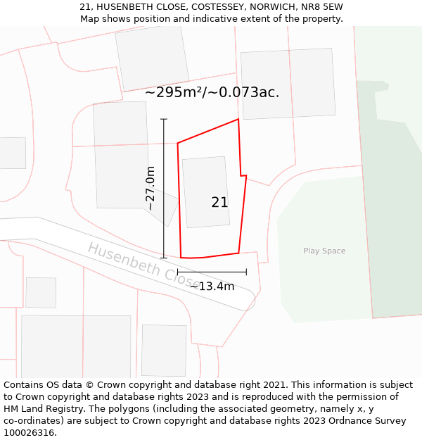 21, HUSENBETH CLOSE, COSTESSEY, NORWICH, NR8 5EW: Plot and title map