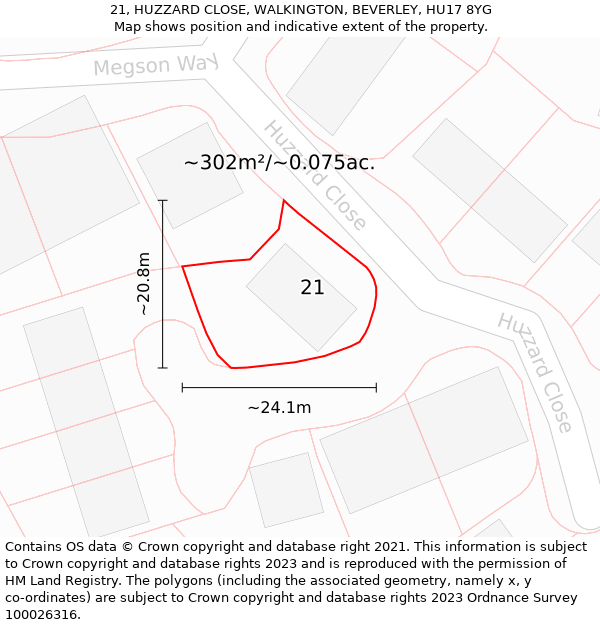 21, HUZZARD CLOSE, WALKINGTON, BEVERLEY, HU17 8YG: Plot and title map