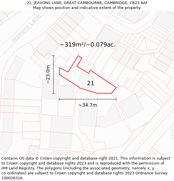 21, JEAVONS LANE, GREAT CAMBOURNE, CAMBRIDGE, CB23 6AF: Plot and title map