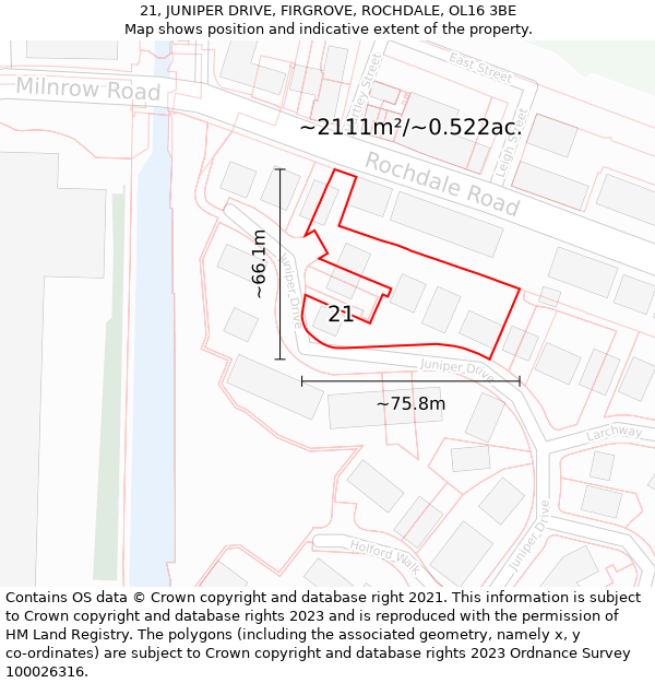 21, JUNIPER DRIVE, FIRGROVE, ROCHDALE, OL16 3BE: Plot and title map
