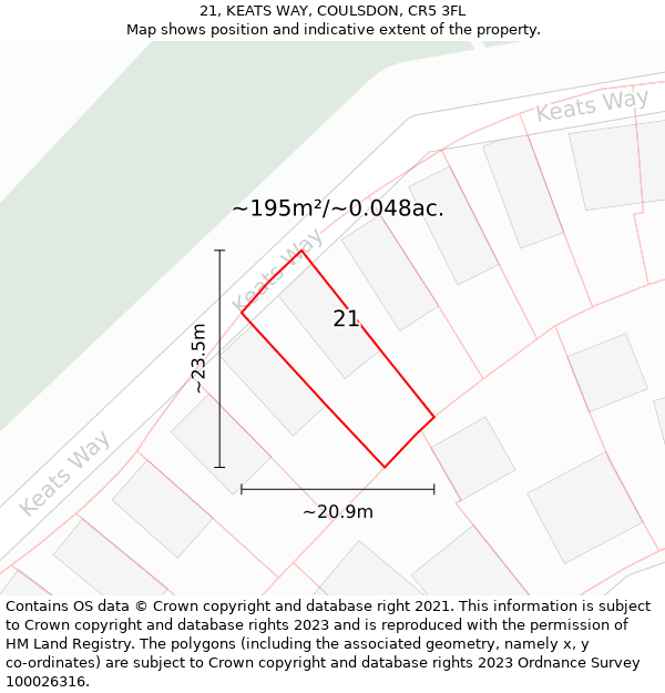 21, KEATS WAY, COULSDON, CR5 3FL: Plot and title map