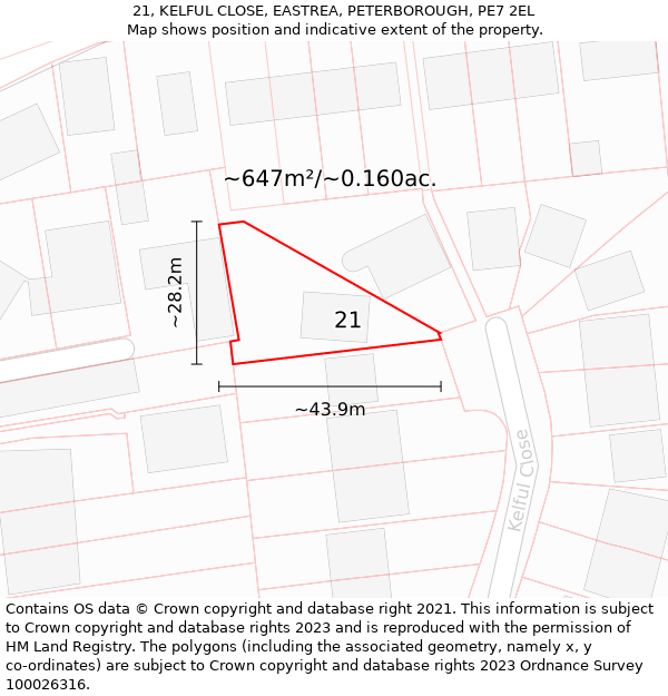 21, KELFUL CLOSE, EASTREA, PETERBOROUGH, PE7 2EL: Plot and title map