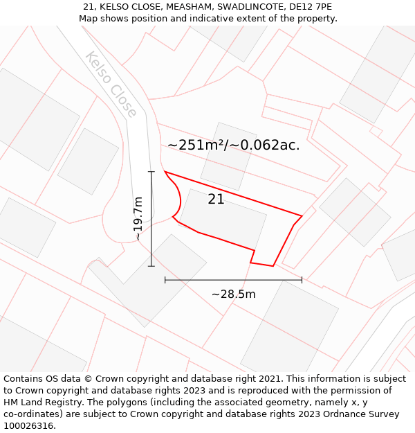 21, KELSO CLOSE, MEASHAM, SWADLINCOTE, DE12 7PE: Plot and title map