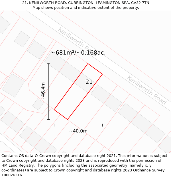 21, KENILWORTH ROAD, CUBBINGTON, LEAMINGTON SPA, CV32 7TN: Plot and title map