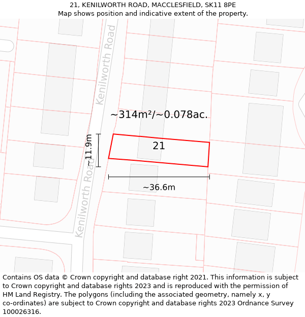 21, KENILWORTH ROAD, MACCLESFIELD, SK11 8PE: Plot and title map