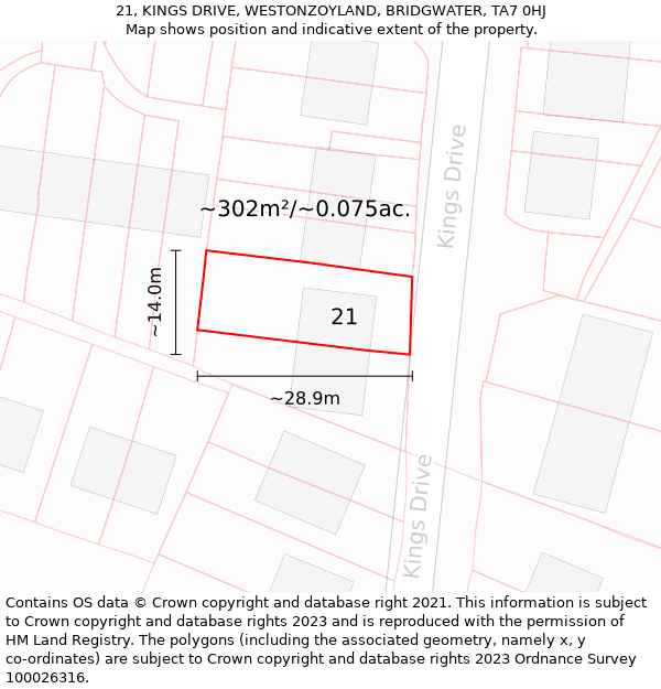 21, KINGS DRIVE, WESTONZOYLAND, BRIDGWATER, TA7 0HJ: Plot and title map