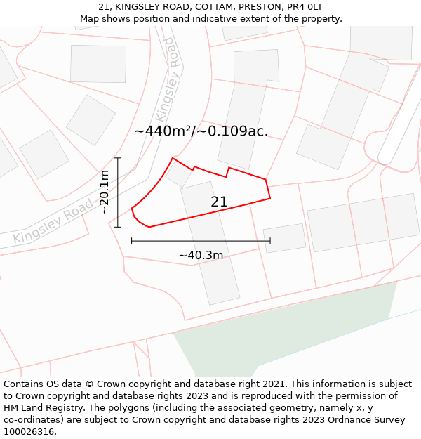 21, KINGSLEY ROAD, COTTAM, PRESTON, PR4 0LT: Plot and title map