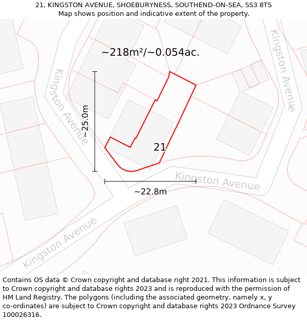 21, KINGSTON AVENUE, SHOEBURYNESS, SOUTHEND-ON-SEA, SS3 8TS: Plot and title map