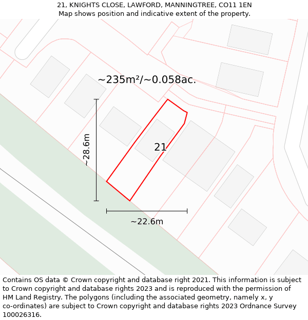 21, KNIGHTS CLOSE, LAWFORD, MANNINGTREE, CO11 1EN: Plot and title map