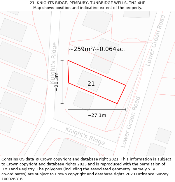 21, KNIGHTS RIDGE, PEMBURY, TUNBRIDGE WELLS, TN2 4HP: Plot and title map