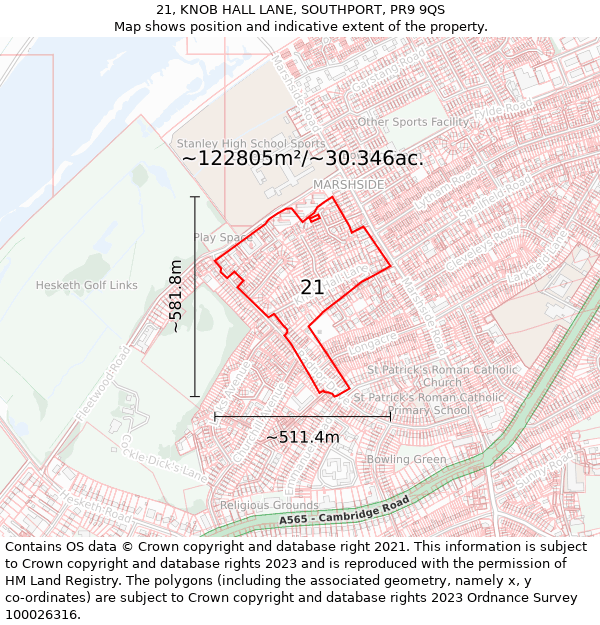 21, KNOB HALL LANE, SOUTHPORT, PR9 9QS: Plot and title map