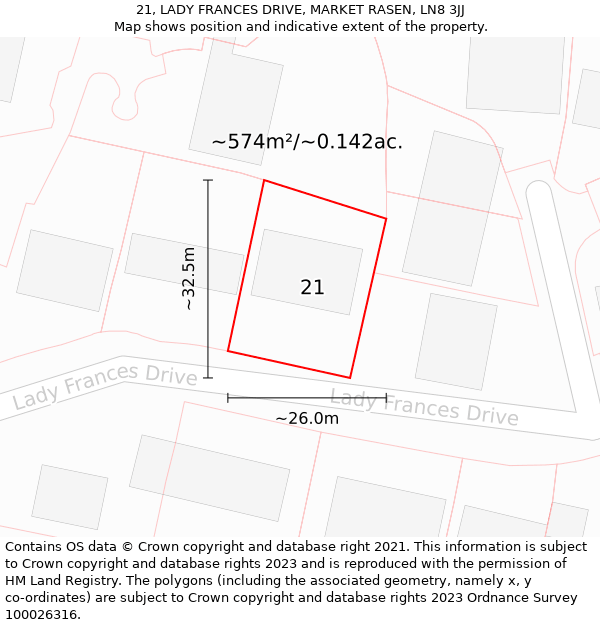 21, LADY FRANCES DRIVE, MARKET RASEN, LN8 3JJ: Plot and title map