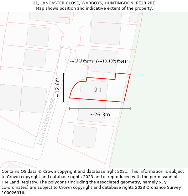 21, LANCASTER CLOSE, WARBOYS, HUNTINGDON, PE28 2RE: Plot and title map